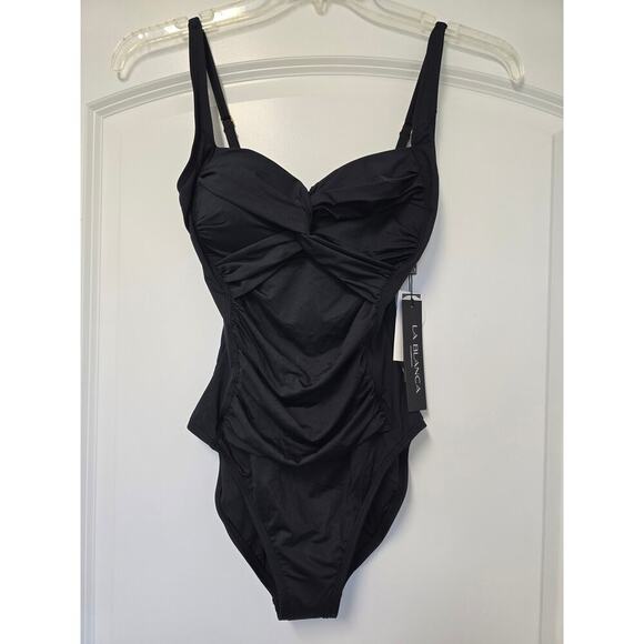 La Blanca Island Goddess Rouched Over The Shoulder Swimsuit Size 6 Black New - Picture 3 of 8